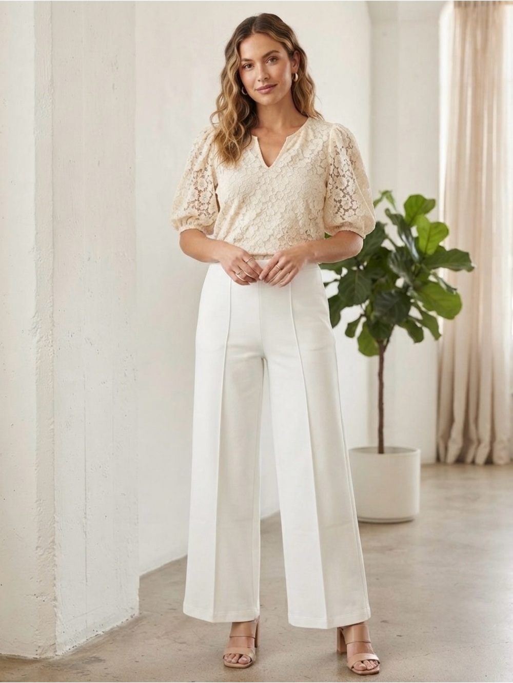 TRUTH Women's Cream Wide-Leg Dress Pants